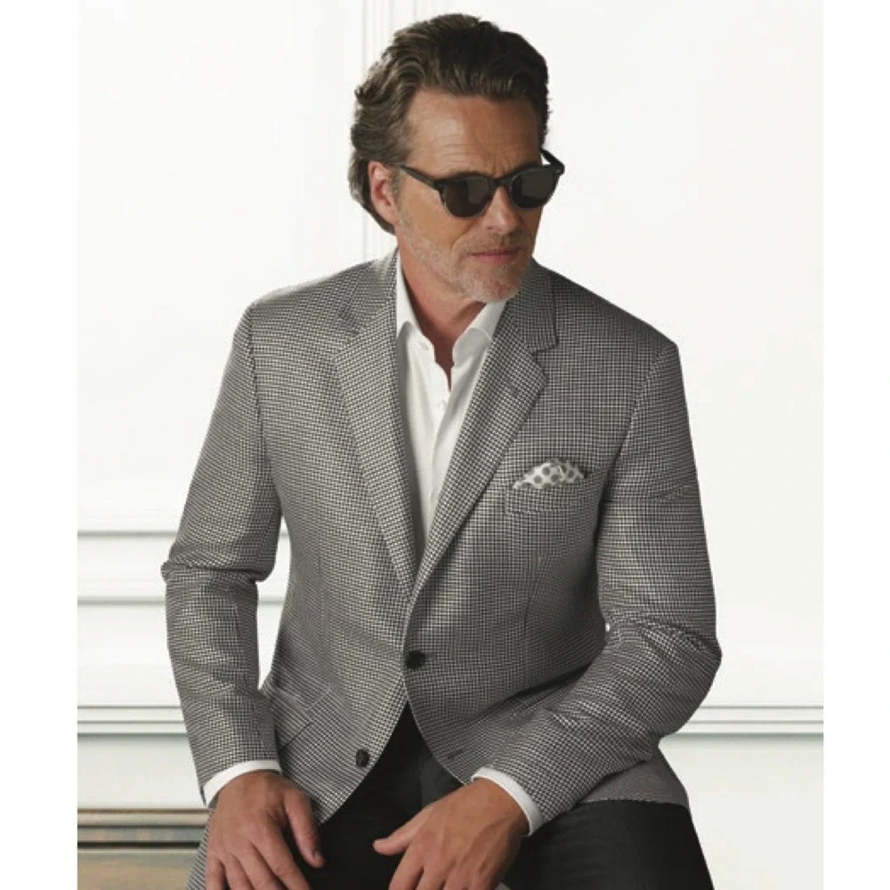 Baroni Couture Mens Silk Italian Wool Houndstooth Sport Coat Blazer 40R Black